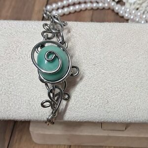 Silver and Green Wire Wrap Bracelet